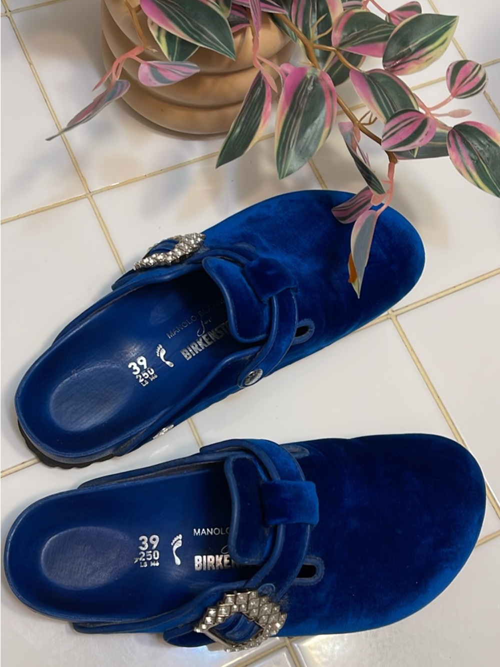 Birkenstock Royal Blue Velvet Slip-On Mules with Rhinestone Buckles